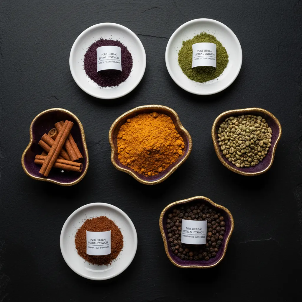 Flat-lay of dried botanical herbs and spice powders - plant-based supplement for energy and wellbeing