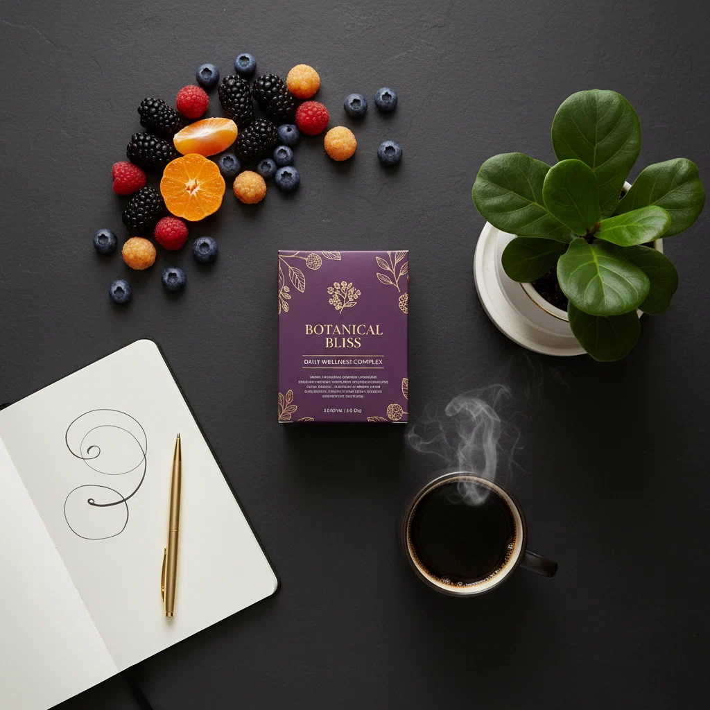 Morning wellness routine flat-lay with supplement, coffee, notebook and fresh fruit - daily wellness supplement routine